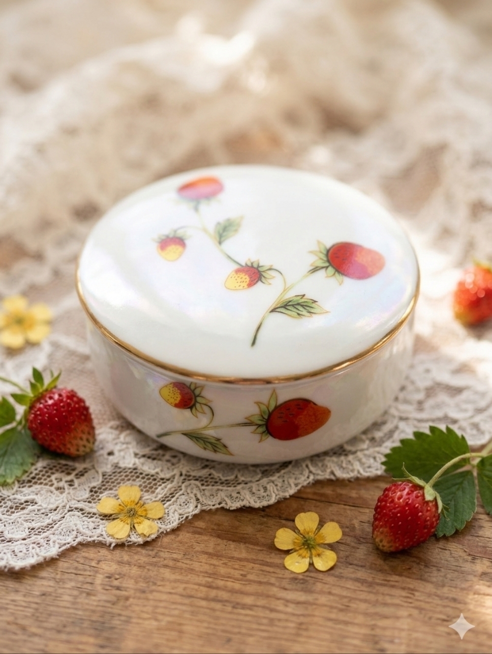 OMC Otagiri Japan Strawberry Trinket Box Vintage Porcelain Round Dish Fruit 2.75